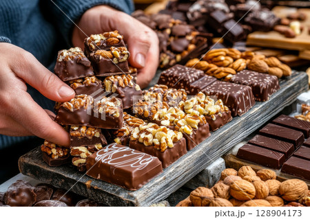 Chocolatier arranging chocolate pralines with nuts on wooden tray 128904173