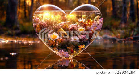 Heart shaped glass bubble floating above water surface with flowers and sunset inside 128904294