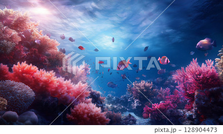 Vibrant underwater scene with colorful coral and fish 128904473