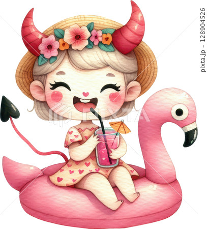 Cheerful summer girl on a pink flamingo float 128904526