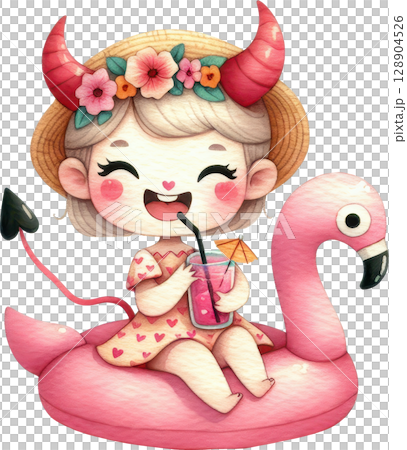 Cheerful summer girl on a pink flamingo float 128904526