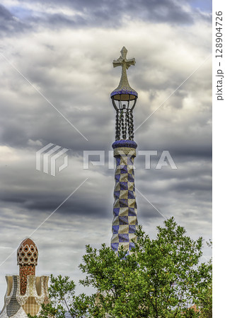 Modernist architecture in Park Guell, Barcelona, Catalonia, Spain 128904726