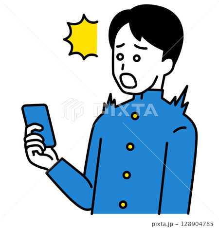 スマートフォンの画面を見て驚く男子学生 128904785