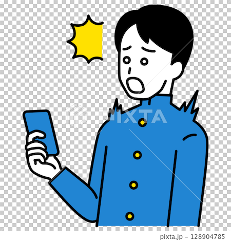 A male student is surprised at the screen of his smartphone 128904785