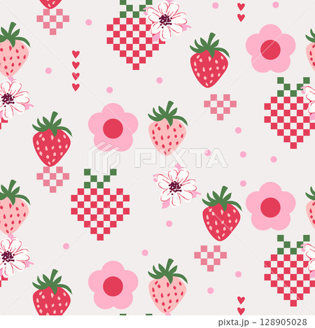 Whimsy folk Strawberry patch style seamless pattern with cute flower berry details. Rustic patchwork pink red village romantic cottage core background. Whimsy folk Strawberry patch style seamless pattern with cute flower berry details. Rustic patchwork pink red village romantic cottage core background. 128905028