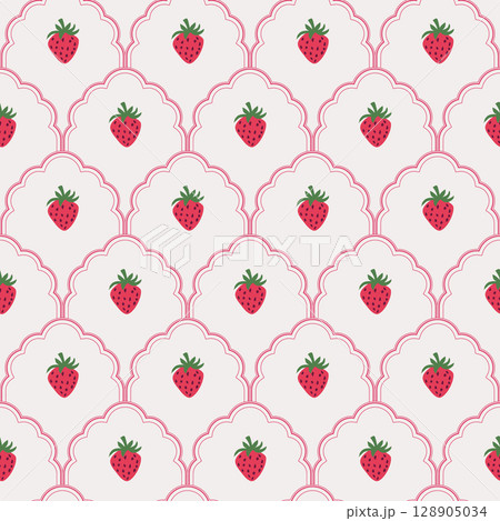 Whimsy Strawberry scallop seamless pattern with cute berry details. Vertical pink red Valentine romantic napkin borders cottage core background. 128905034
