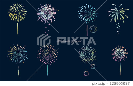 シンプルな水彩の打ち上げ花火の夜空ベクターイラストセット2 128905057