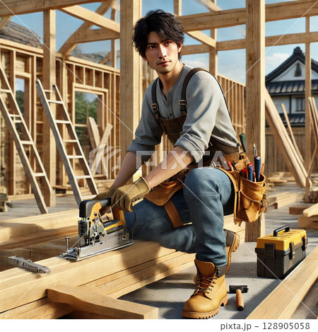 建築現場で働く日本人男性大工. 128905058