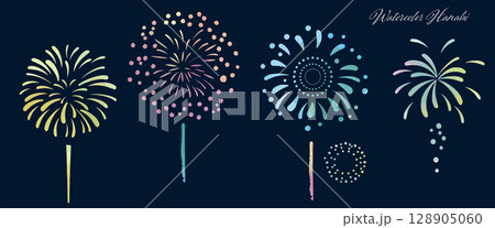 シンプルな水彩の打ち上げ花火の夜空ベクターイラストセット3 シンプルな水彩の打ち上げ花火の夜空ベクターイラストセット3 128905060