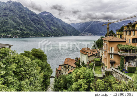 Scenic landscape over the Lake Como from Bellano town, Italy 128905083