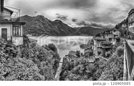 Panoramic view over the Lake Como from Bellano town, Italy 128905085