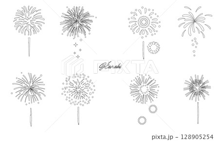 シンプルな打ち上げ花火の線描きベクターイラストセット 128905254
