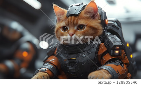 An orange cat wears a detailed futuristic space armor suit, looking forward with bright eyes in a sci-fi environment. An orange cat wears a detailed futuristic space armor suit, looking forward with bright eyes in a sci-fi environment. 128905340