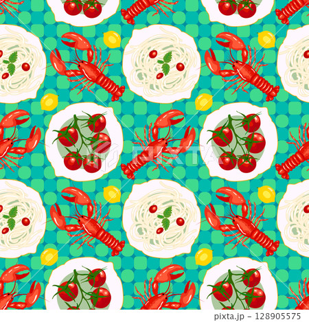 Mediterranean seafood and Italian Cuisine seamless pattern with red lobsters, fresh tomatoes, lemons and pasta dishes on green geometric ceramic tile shape background design. Perfect for seafood 128905575