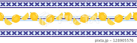 Lemon theme horizontal border seamless pattern design with blue geometric decorative ribbon on white background. Perfect design for summer themes, kitchen decor, or Mediterranean style illustration 128905576