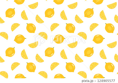 Tropical yellow slices and whole lemon fruit seamless pattern design on white color background. Perfect design for summer themes, kitchen decor, or Mediterranean style illustration Tropical yellow slices and whole lemon fruit seamless pattern design on white color background. Perfect design for summer themes, kitchen decor, or Mediterranean style illustration 128905577