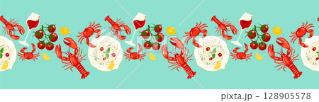 Mediterranean seafood theme horizontal border seamless pattern design with pasta dish, red wine glass, fresh tomatoes and lemons on blue background. Vector illustration for your design 128905578