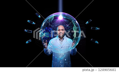 Futuristic man holding a glowing orb with floating screens and data. Sci-fi concept of AI, digital power, and future intelligence. Generative AI. 128905681