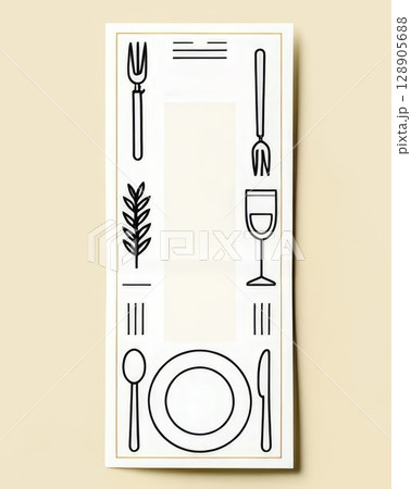 Minimalist dining setting with outlined utensils, plate, and glass on soft beige background. Clean modern composition for food-related design or menus. Generative AI 128905688