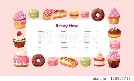 Cute bakery menu template with pink background and donuts, cupcakes, macarons, muffins, and sweets around the border. For cafes or kids menus. Generative AI Cute bakery menu template with pink background and donuts, cupcakes, macarons, muffins, and sweets around the border. For cafes or kids menus. Generative AI 128905718