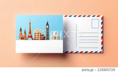 A minimal postcard mockup with a London landmark illustration on one side and blank space for writing on the other. Soft pastel background adds charm. Generative AI. 128905720