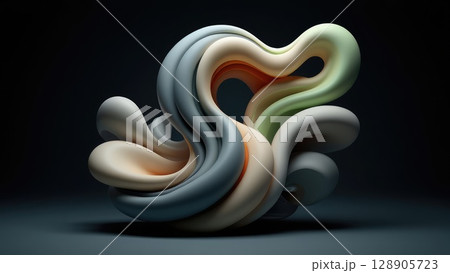 Abstract twisted organic shape resembling fluid sculpture in soft tones. Smooth and futuristic form with glossy texture and elegant motion. Generative AI 128905723