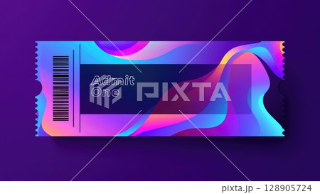 Bright ticket design with neon pink and blue swirls on a deep purple background. Smooth gradients create a modern, playful and tech-forward look. Generative AI. 128905724