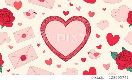 Romantic envelope-themed postcard with hearts, roses, and pink tones. Symbol of affection and written connection. Generative AI. 128905741