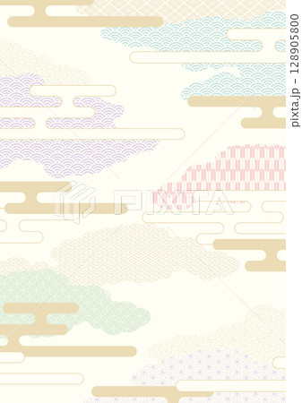 Aサイズ縦型の背景素材：日本の伝統的な柄を集めた霞がかかった雲の形の風景 128905800