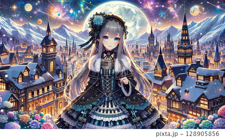 ゴシックロリータ風の黒いドレス姿の美少女。雪が降り積もった冬の街並み。満月とオーロラ 128905856