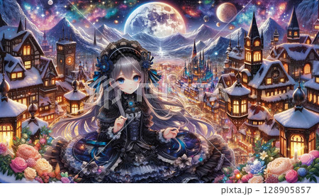 ゴシックロリータ風の黒いドレス姿の少女。雪が降り積もった冬の街と満月 128905857