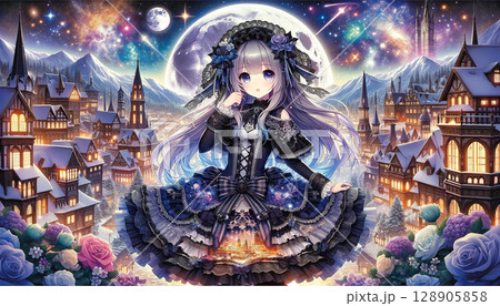 ゴシックロリータ風の黒いドレス姿の少女。雪が降り積もった冬の街並み。満月とオーロラ 128905858