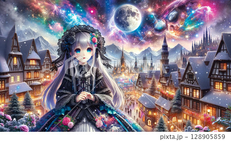 ゴシックロリータ風の黒いドレス姿の若い女性。雪が降り積もった冬の街並みと満月 128905859