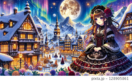 ゴシックロリータ風の黒いドレスを着た美少女。雪が降り積もった冬の街と満月とオーロラ 128905861