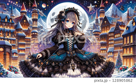 ゴシックロリータ風の黒いドレスを着た美少女と幻想的な雪が降り積もった冬の満月の夜の街 128905862