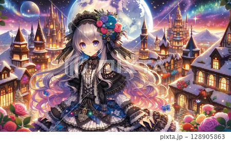 ゴシックロリータ風の黒いドレスを着た美少女と幻想的な雪が降り積もった冬の夜の街 128905863