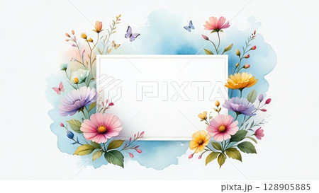 Bright floral frame with soft petals and watercolor-style background. Designed for invitations, romantic notes, or spring themes. Generative AI. 128905885