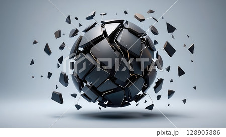 Black sphere shattering into fragments on a minimal light background, symbolizing impact or disruption. Generative AI. 128905886