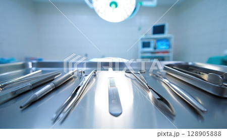 Brightly lit modern operating room with surgical instruments neatly arranged on sterile table. Generative AI.. 128905888