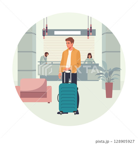 Man with suitcase at hotel reception desk, travel concept in circular background 128905927