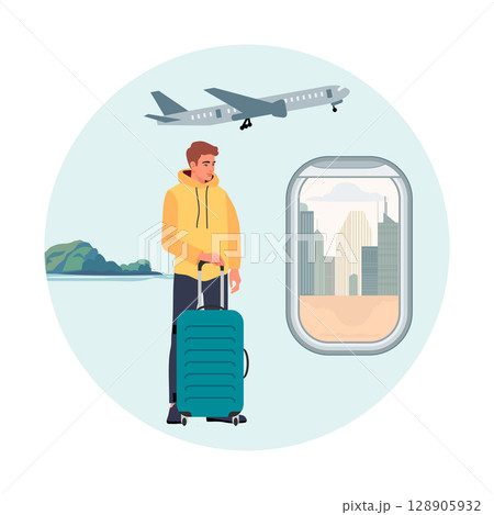 Travel concept featuring young man with luggage and airplane, cityscape view from plane window Travel concept featuring young man with luggage and airplane, cityscape view from plane window 128905932
