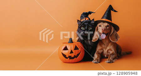 Cute black cat and dog in witch hat with pumpkin on orange background. Halloween concept 128905948