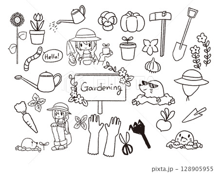 手書きのガーデニングイラストセット白黒 128905955