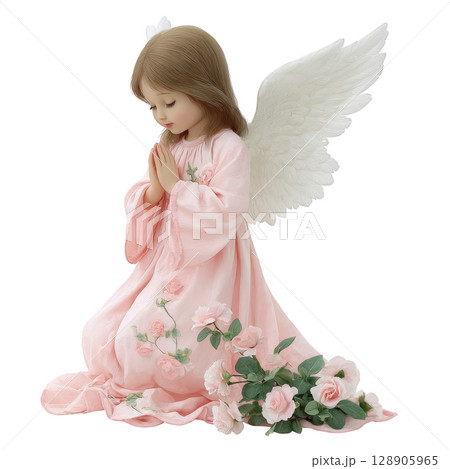 Young angel with white wings kneels in prayer, wearing pink dress adorned with roses, evoking sense of peace and innocence Young angel with white wings kneels in prayer, wearing pink dress adorned with roses, evoking sense of peace and innocence 128905965
