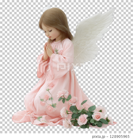 Young angel with white wings kneels in prayer, wearing pink dress adorned with roses, evoking sense of peace and innocence Young angel with white wings kneels in prayer, wearing pink dress adorned with roses, evoking sense of peace and innocence 128905965