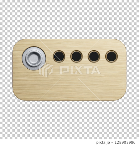 Rectangular, metallic, gold colored object with brushed texture features circular button on left and four smaller circular holes on right. design is sleek and modern Rectangular, metallic, gold colored object with brushed texture features circular button on left and four smaller circular holes on right. design is sleek and modern 128905986