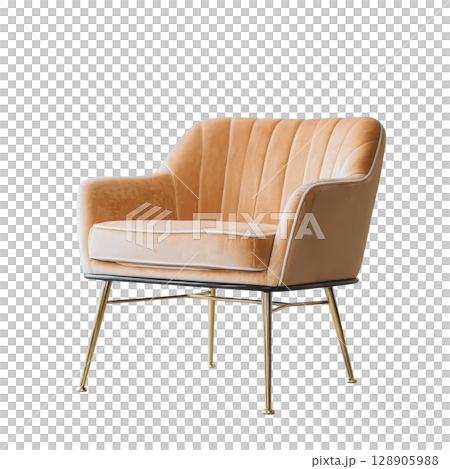 Stylish, modern armchair with plush, velvet upholstery in warm, tan color and sleek metal legs, perfect for adding elegance to any living space 128905988