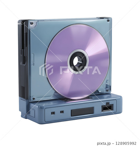 Purple CD is encased in transparent blue case, resting on retro style electronic device. setup evokes nostalgia with its vintage design and color scheme 128905992