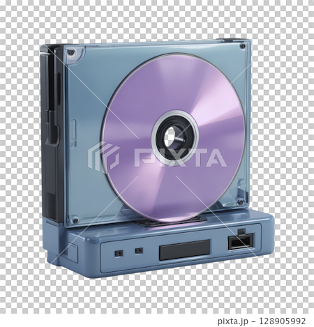 Purple CD is encased in transparent blue case, resting on retro style electronic device. setup evokes nostalgia with its vintage design and color scheme 128905992