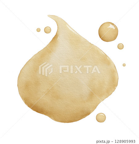 Watercolor illustration of beige paint splash with droplets, creating artistic and abstract design. soft, fluid shape and warm tones evoke sense of creativity and elegance 128905993